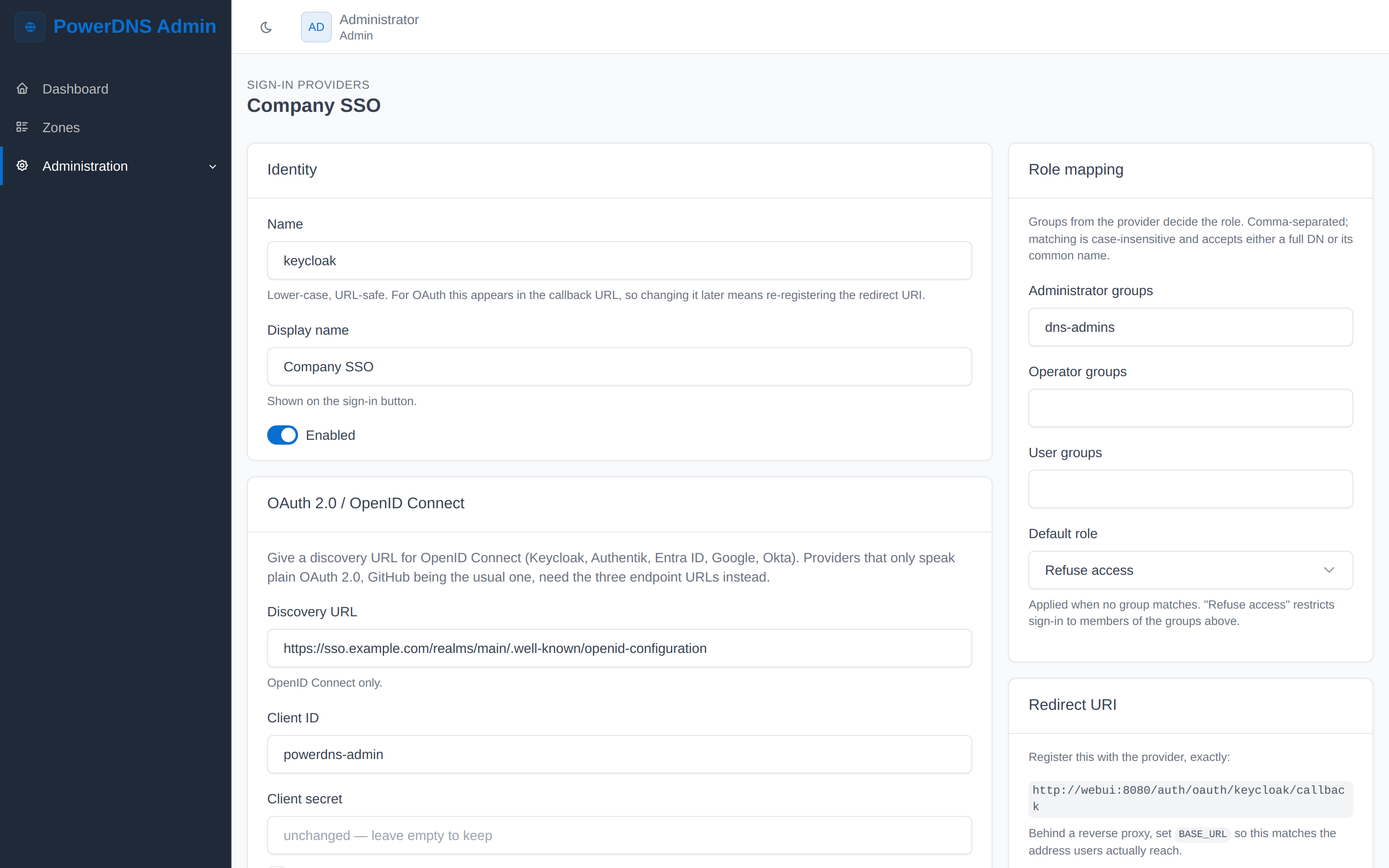 The provider form, with identity, OIDC settings, role mapping and the redirect URI to register