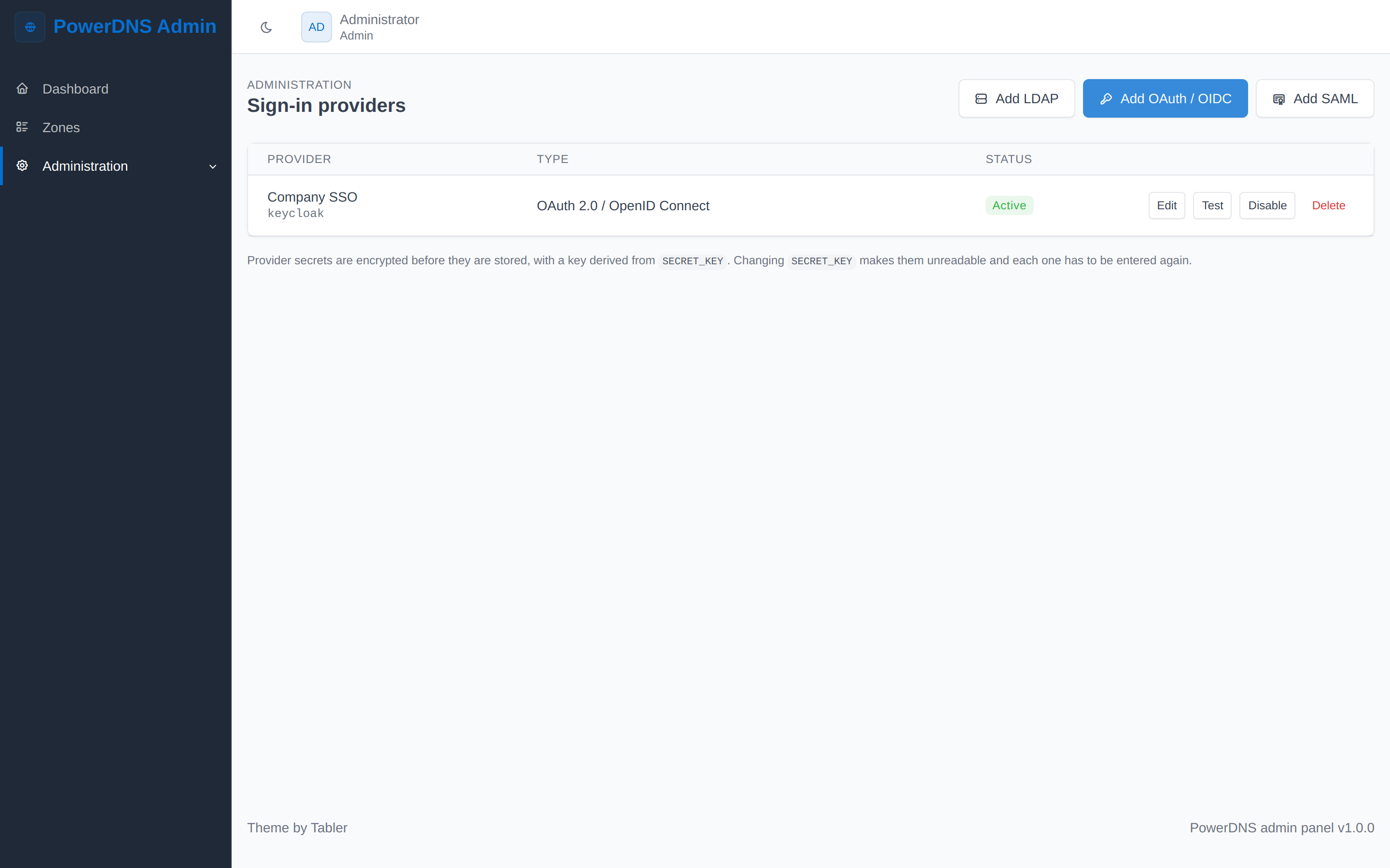 The sign-in providers page, listing one OAuth provider with edit, test, disable and delete actions