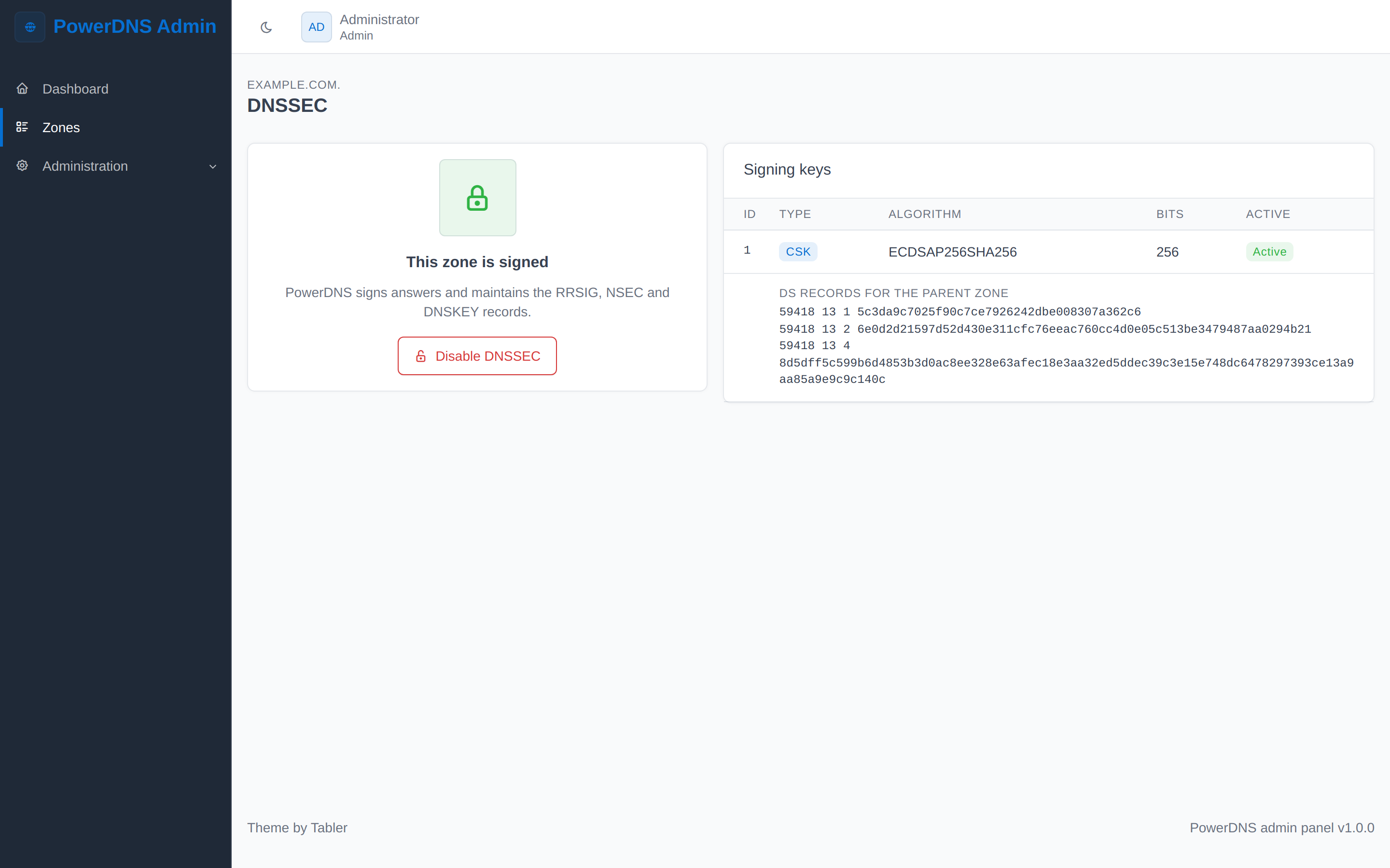 The DNSSEC page showing an active CSK and the DS records for the parent zone