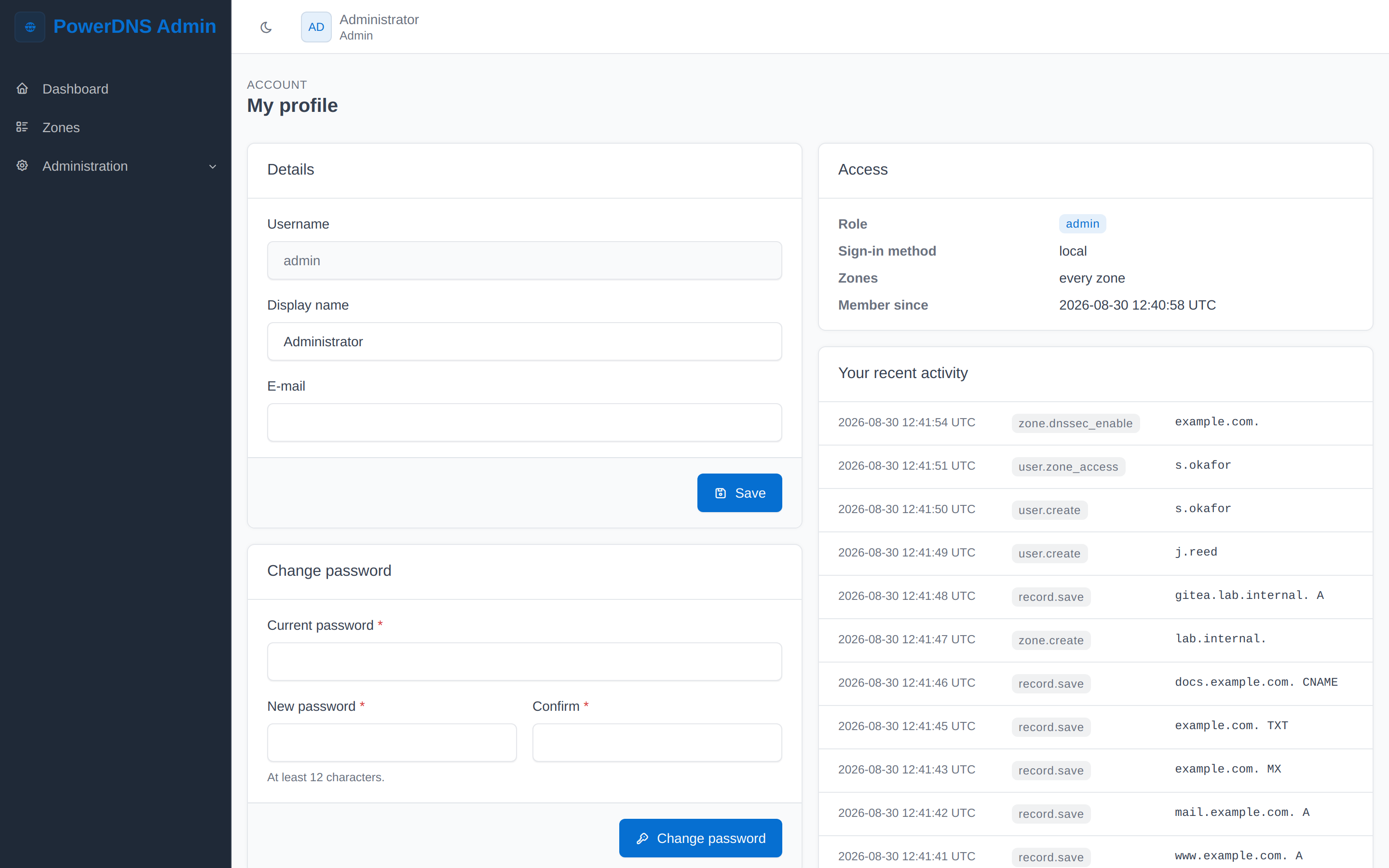 The profile page, with details, password change, and the signed-in user's own activity