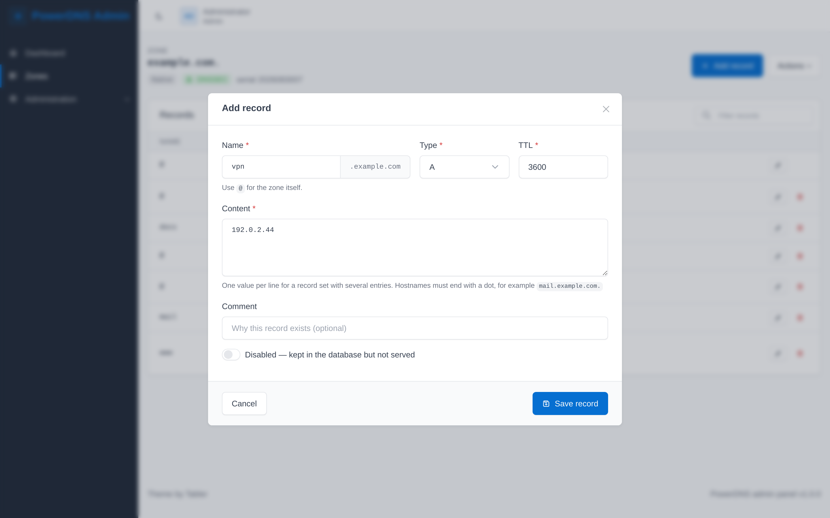 The add record dialogue, with name, type, TTL and content fields