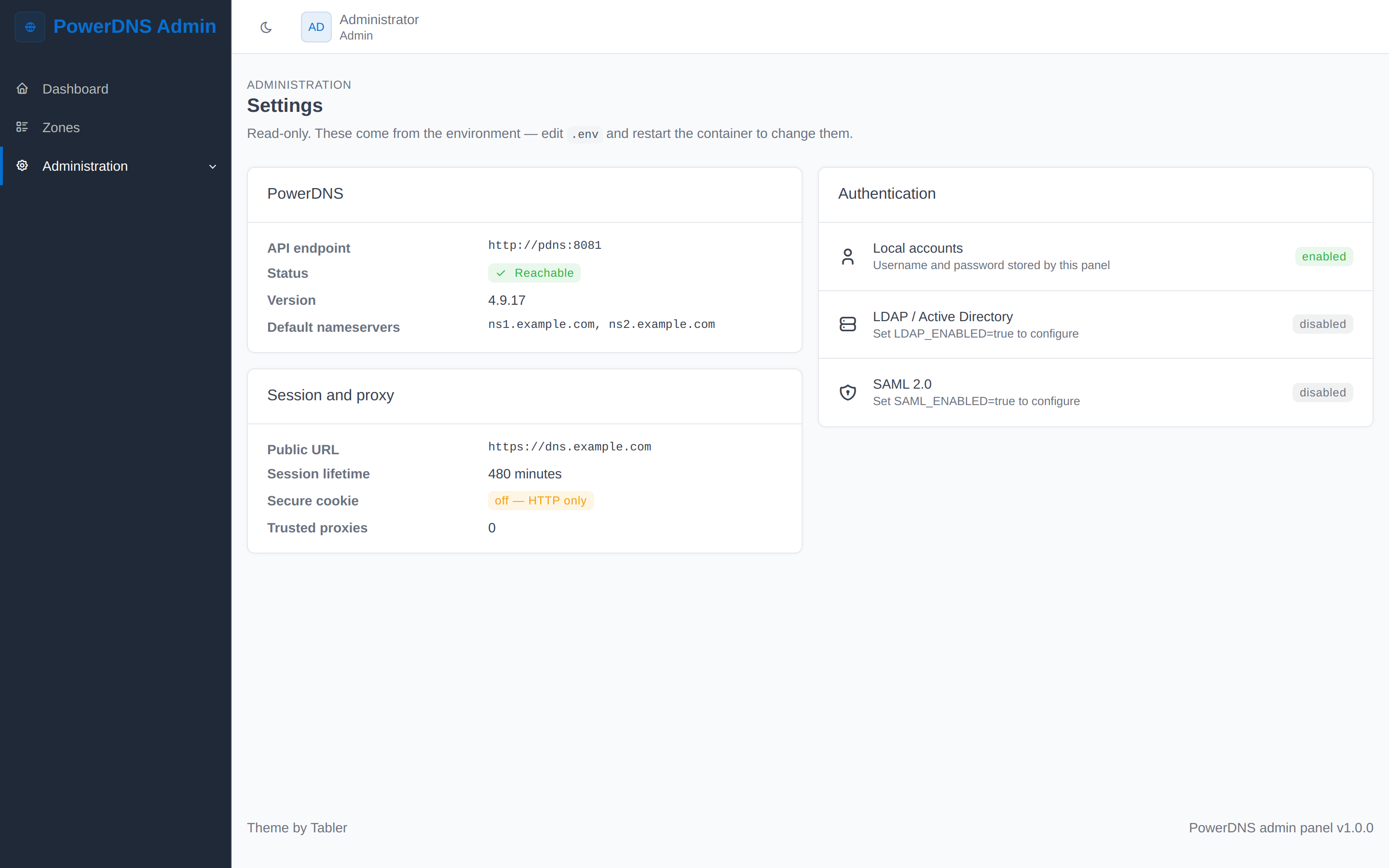 The read-only settings page showing PowerDNS status and which auth backends are on