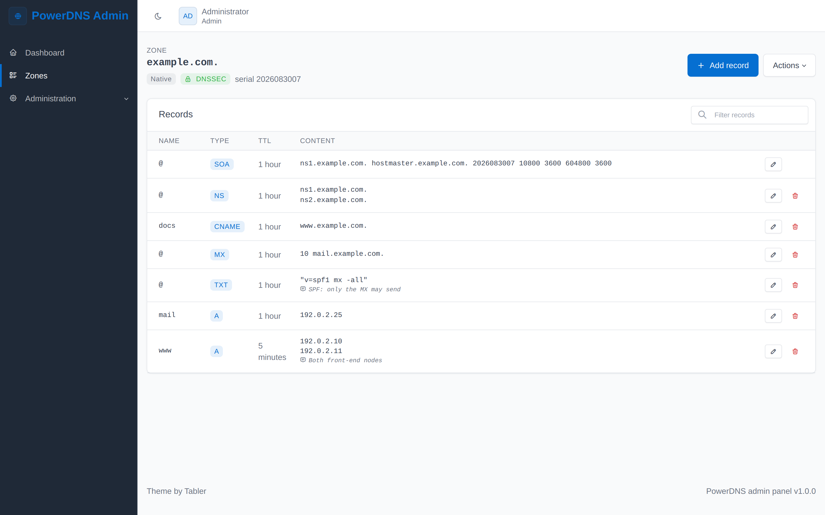 The record table for example.com, with SOA and NS pinned to the top