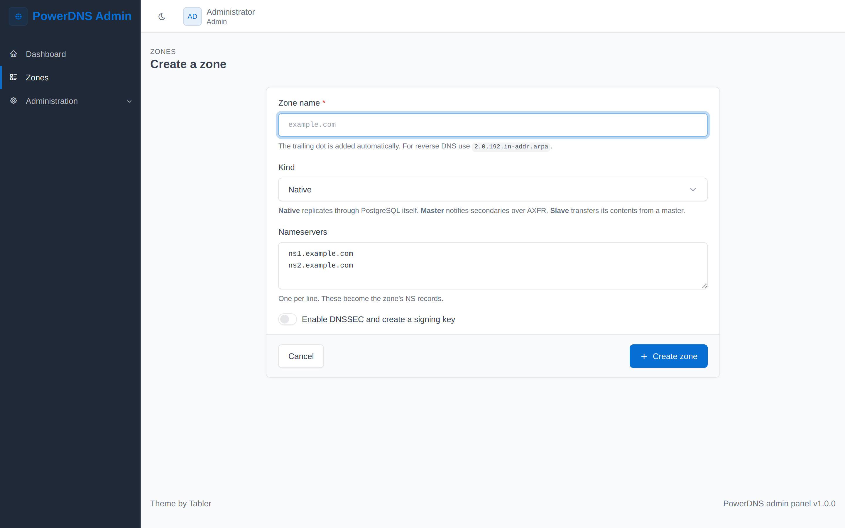 The new zone form, with kind, nameservers and a DNSSEC switch